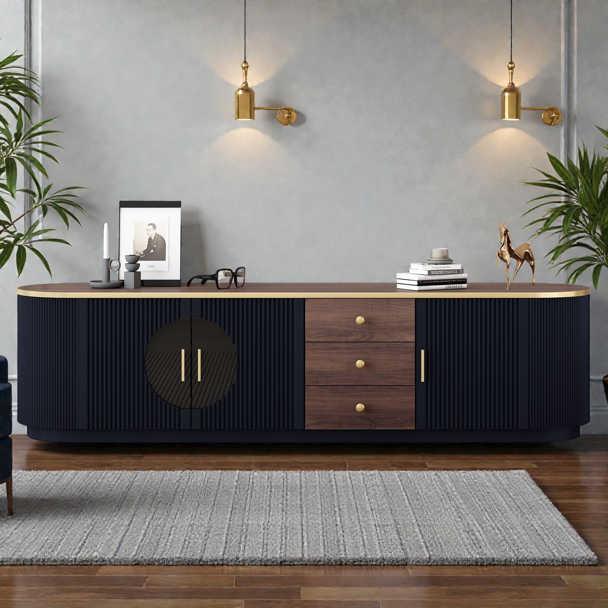 70.8 Inch TV Stand for TVs up to 80 Inches, Media Console with 3 Drawers, 2 Cabinets, Storage Cabinet, Shelf and Metal Handles