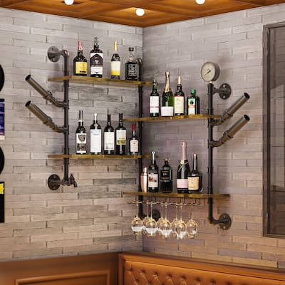 Wall Mounted Wine Rack Bar Shelves Industrial Pipe Glass Holder