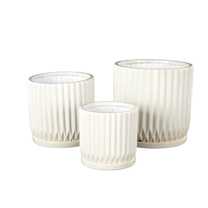 Black or White Ceramic Ribbed Indoor Outdoor Planter with Attached Saucer (Set of 3)