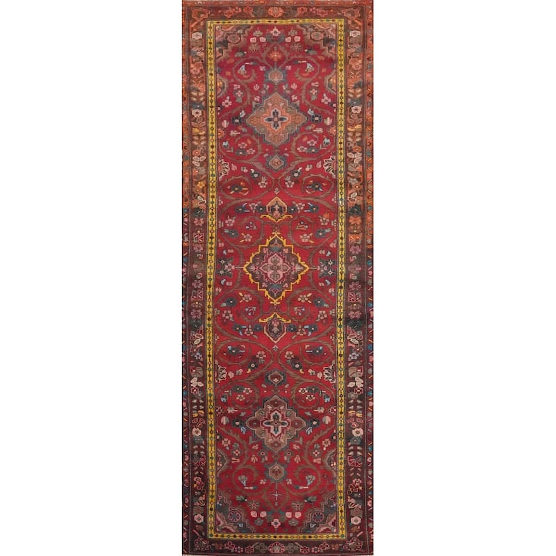 Hand Knotted Oriental 100% Wool Carpet Traditional Floral Red Tabriz Runner Rug - 10' 11'' X 3' 4''