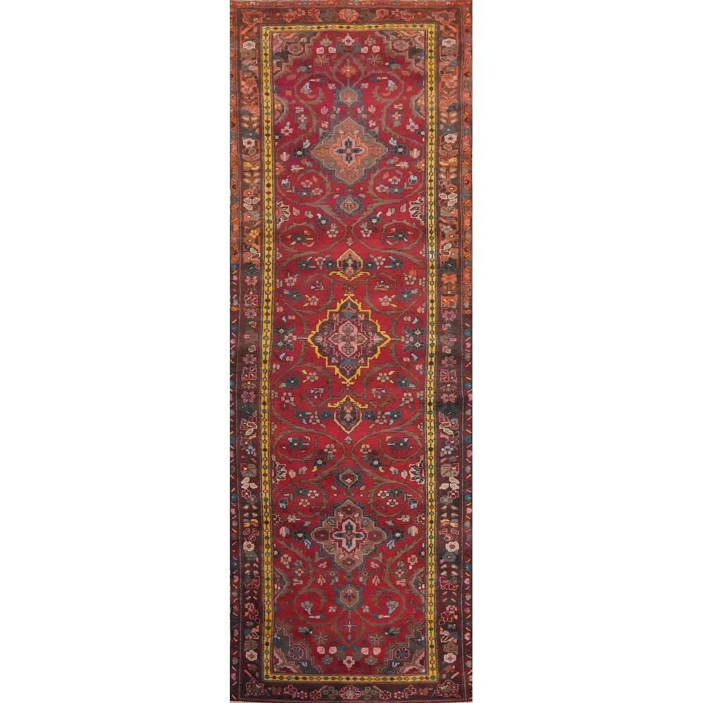 Hand Knotted Oriental 100% Wool Carpet Traditional Floral Red Tabriz Runner Rug - 10' 11'' X 3' 4''
