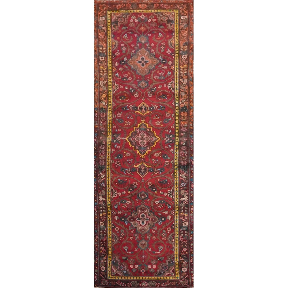 Hand Knotted Oriental 100% Wool Carpet Traditional Floral Red Tabriz Runner Rug - 10' 11'' X 3' 4''