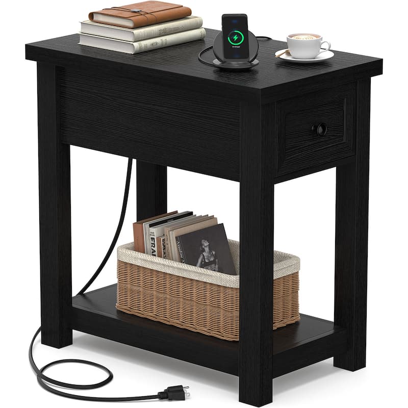 Farmhouse End Table with Wood Drawers and Charging Station, Sofa Side Table, Nightstand - Black - Set of 1