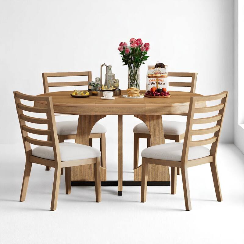 Retro 5-Piece Round Dining Table Set with Leaf Extension and Upholstered Chairs for Kitchen