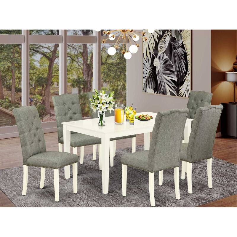 Rectangular Dining Table Set - 7 Piece Table and Chair Set - Linen White Finish