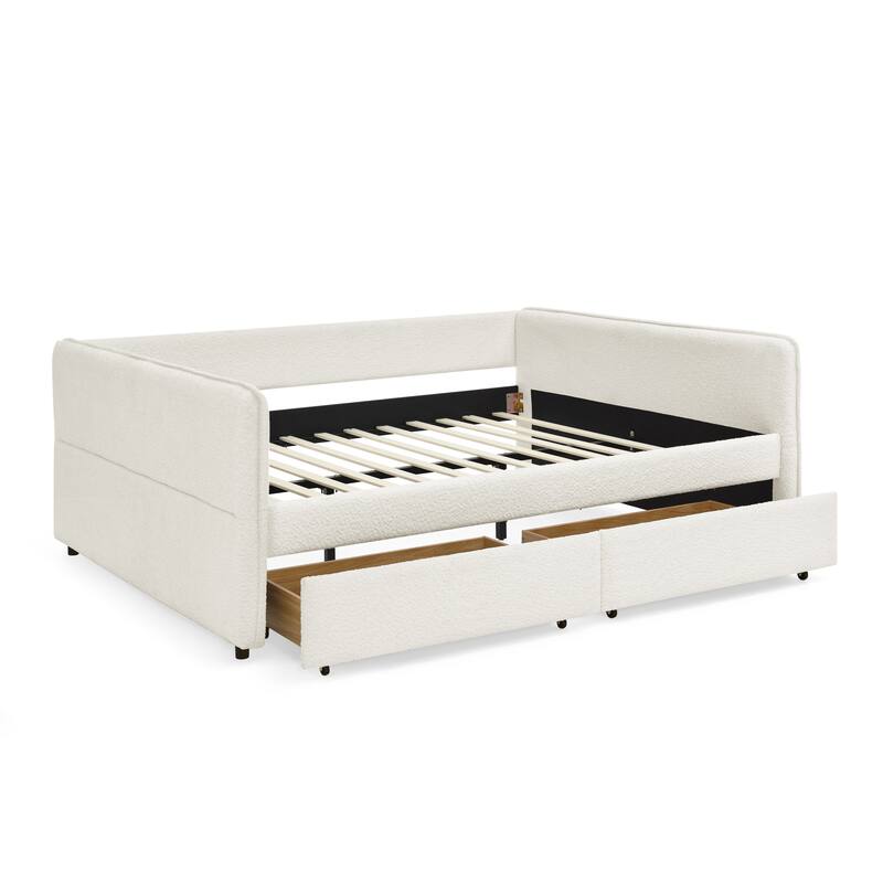 Daybed with Trundle Upholstered Tufted Sofa Bed, with Two Drawers, Queen Size, Boucle Fabric