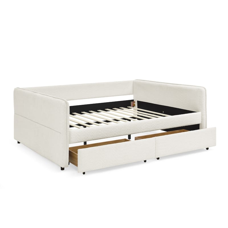 Queen Size Boucle Daybed with Trundle and 2 Storage Drawers and Tufted Upholstered Sofa Bed