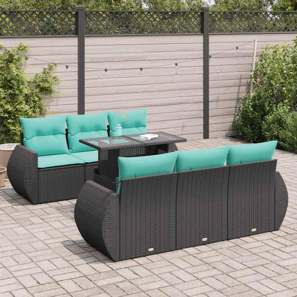 vidaXL 7 Piece Patio Sofa Set with Cushions Black Poly Rattan Acacia - 21.7 x 24.4 x 27.2