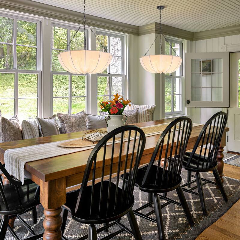 5-Light White Fabric Shade Pendant Light for Living Room - Black White