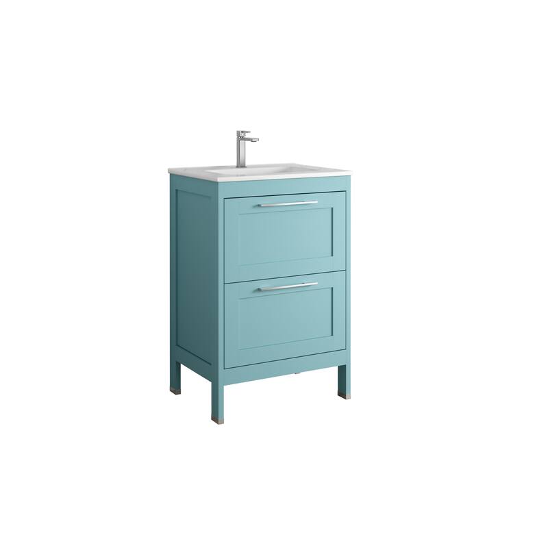 HomeRoots 24" Blue Wood Freestanding Bathroom Vanity With White Sink And Two Drawers - 24.00 in. x 35.06 in. x 17.75 in.