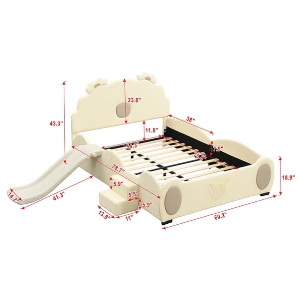 Beige Full PU Upholstered Platform Bed with Children's Slide