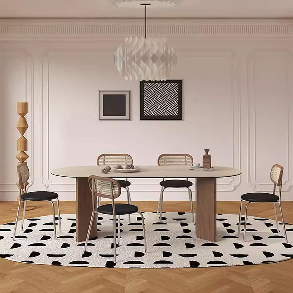 Modern 71" Retangular Dining Table, Solid Wood Legs, Stone Table-top