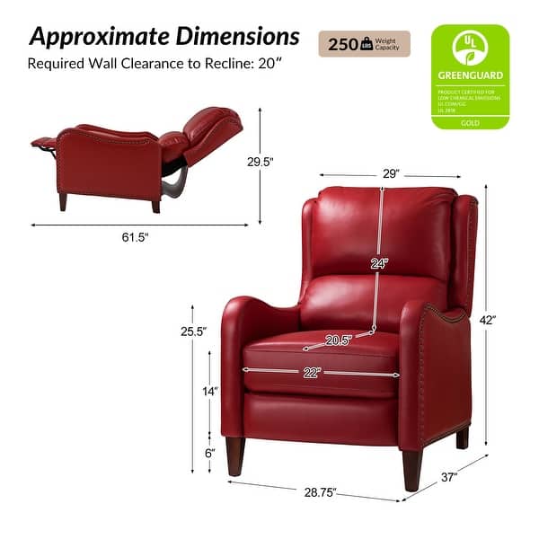 dimension image slide 3 of 19, HULALA HOME Brigida Cigar Genuine Leather Manual Recliner with Nailhead Trim