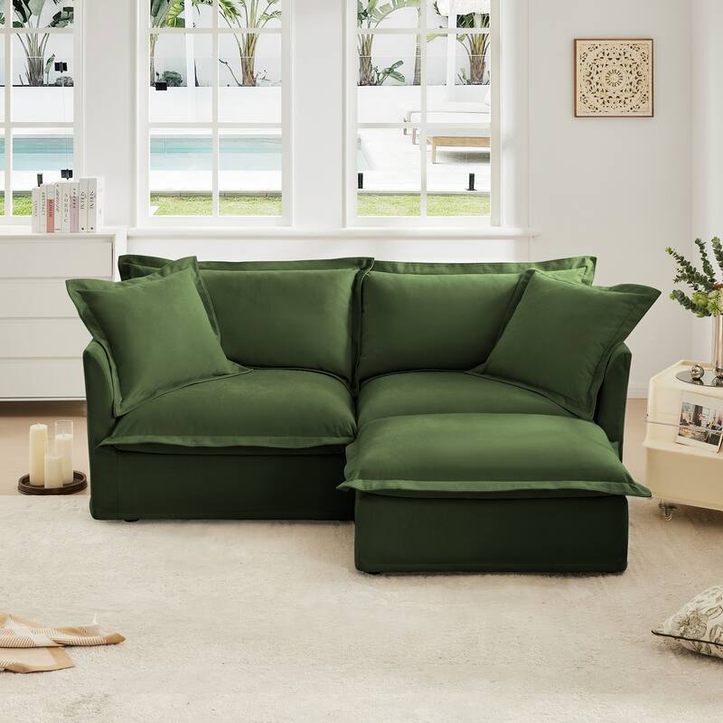 Slipcovered Chenille 2-Seater Sofa Couch with Convertible Ottoman & Soft Big Pillows
