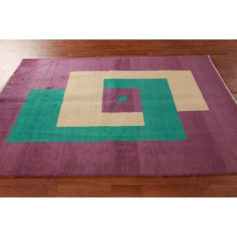 Hand Knotted Oriental 100% Wool Carpet Modern Geometric Purples Gabbeh Area Rug - 7' 3'' X 5' 2''