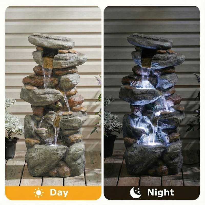 30'' H Outdoor Stone-Like Resin Water Fountain with LED Light & Waterfall Flow - N/A