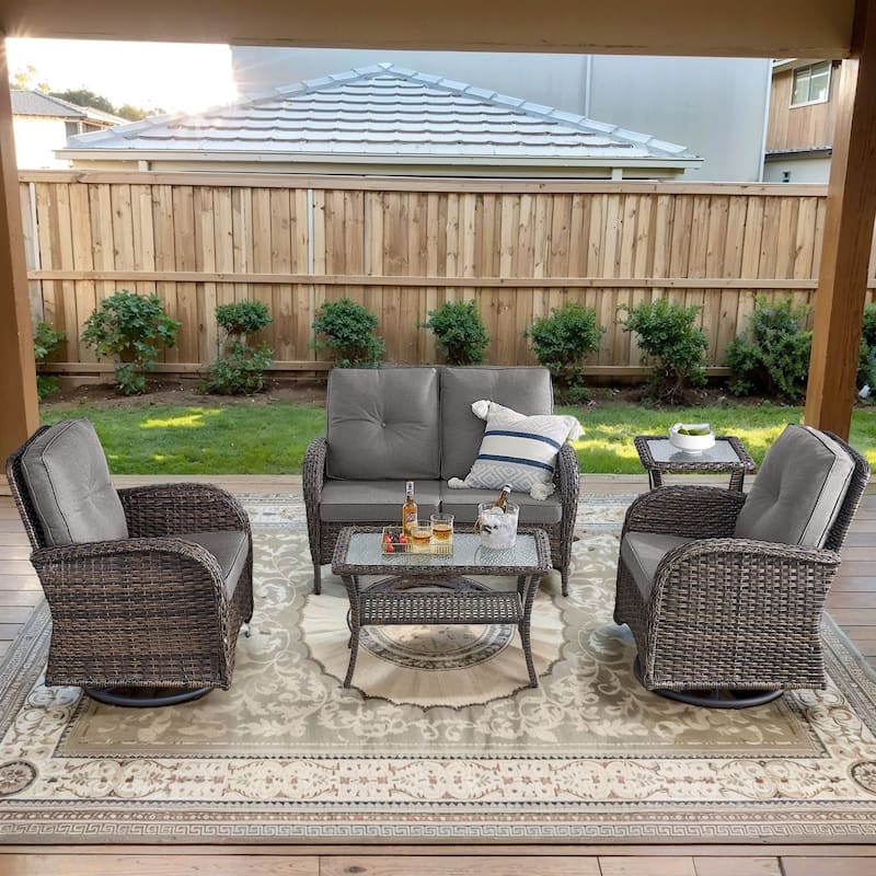 Gymojoy Outdoor Wicker Patio Furniture Loveseat and Chair Set - 5-Piece - Loveseat & Swivel Chairs - Brown Wicker / Grey Cusion