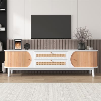 Modern Rattan TV Stand for TVs up to 75'' with Solid Wood Legs