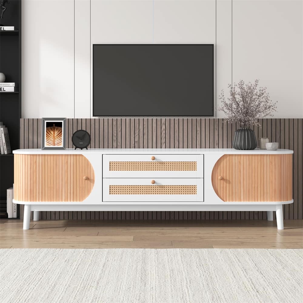 Modern Rattan TV Stand for TVs up to 75'' with Solid Wood Legs