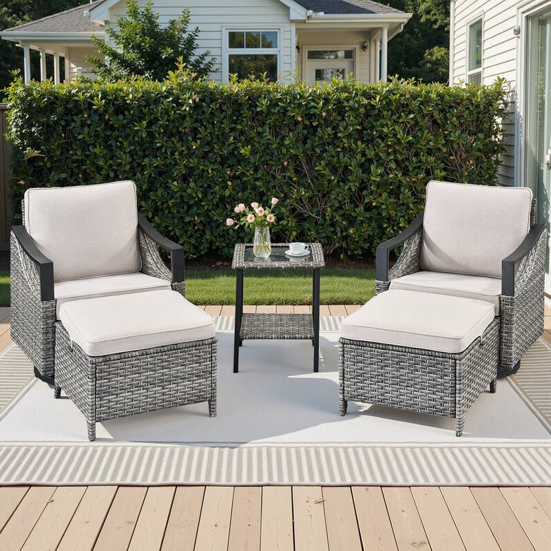 Pocassy 5-Piece Outdoor Patio Swivel Chairs Table with Ottoman - Gray Wicker Beige Cushion - 5-Piece Swivel Chair Side Table with Ottoman