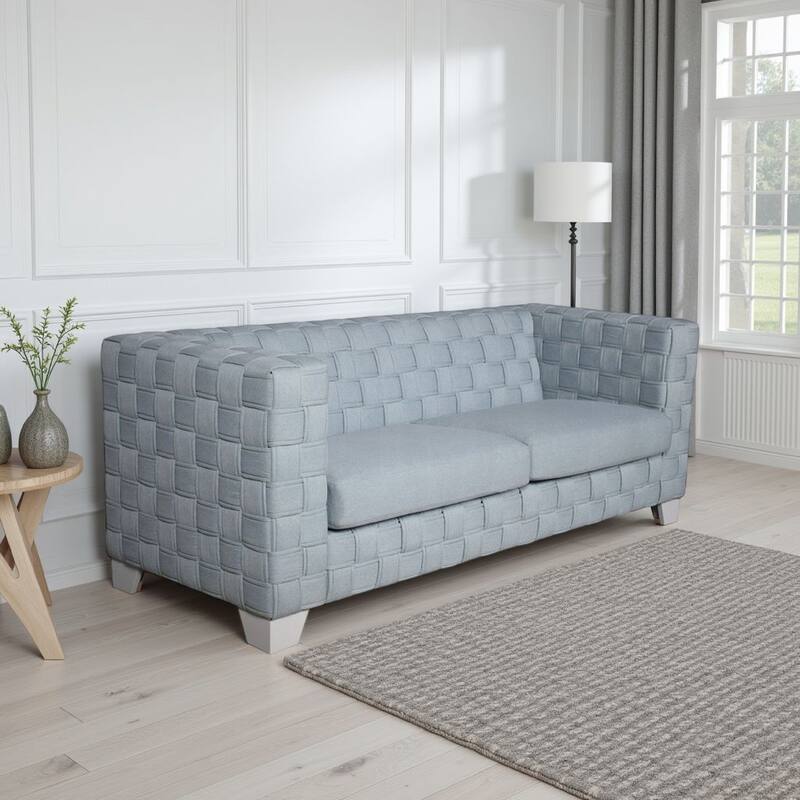 Reah Sofa, Knitted Light Blue Chenille, White Composite Wood, 85 Inch