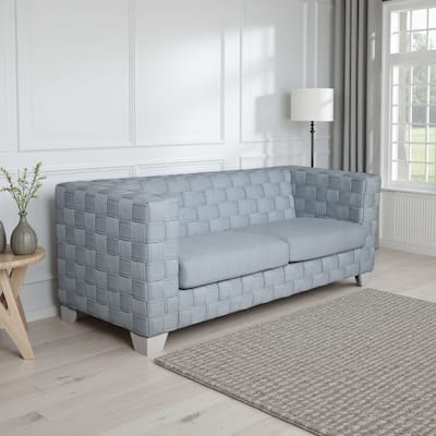 Reah Sofa, Knitted Light Blue Chenille, White Composite Wood, 85 Inch