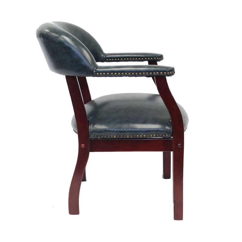 Elon Guest Chair with Brass Nailhead Trim, Mahogany Wood, Blue Vinyl