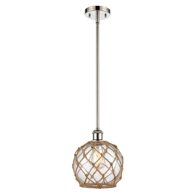 Innovations Lighting Farmhouse Rope 8" Wide Mini Pendant - Polished Nickel / Clear Glass with Brown Rope