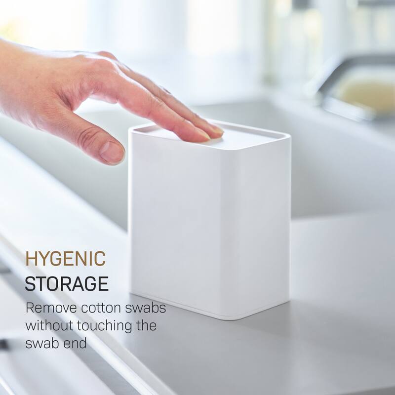 Yamazaki Home Cotton Swab Push-Top Case, ABS Plastic, 200 cotton swabs, Lid - L 2.6 x W 3.78 x H 4.25 inches