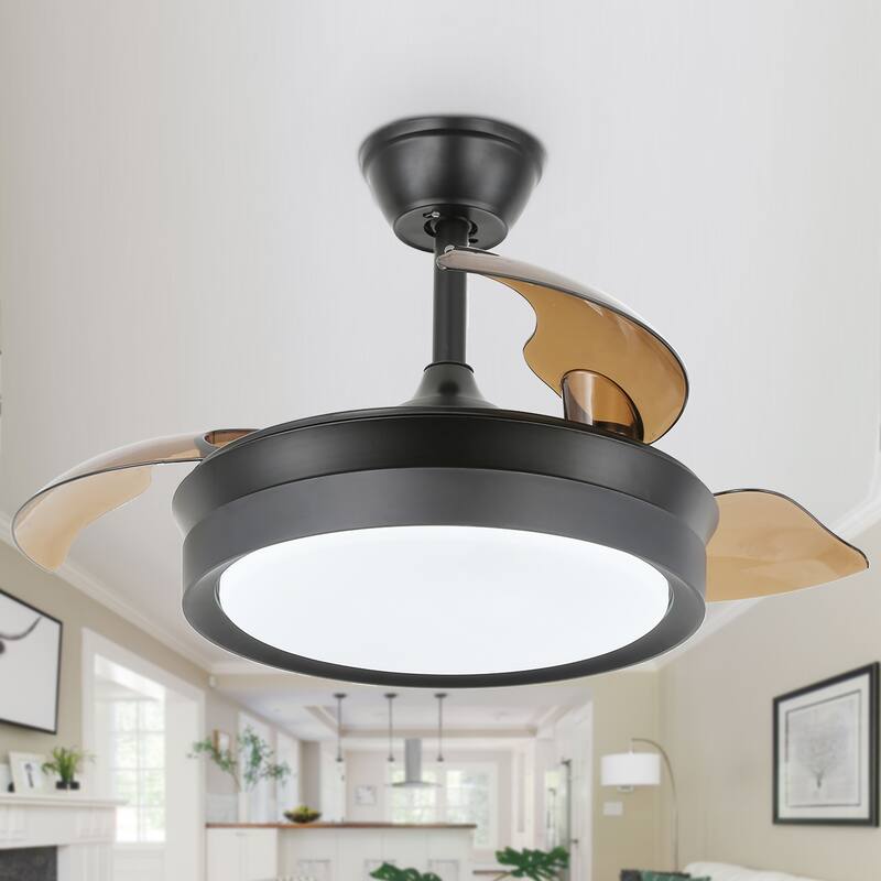 Cusp Barn 36-inch Modern Retractable 3-Blade Ceiling Fan with Lights and Remote DC Motor 6 Speeds LED Ceiling Light - Black
