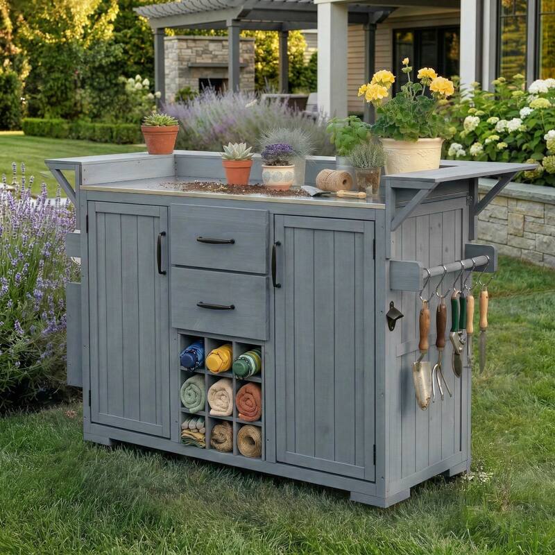 60" Rolling Outdoor Kitchen Island with Stainless Steel Top, Wood BBQ Prep Cart with Wine Rack & Drawers