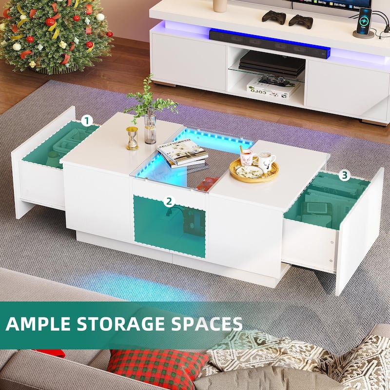 Modern Wood Coffee Table with Storage Drawers and LED Lighting