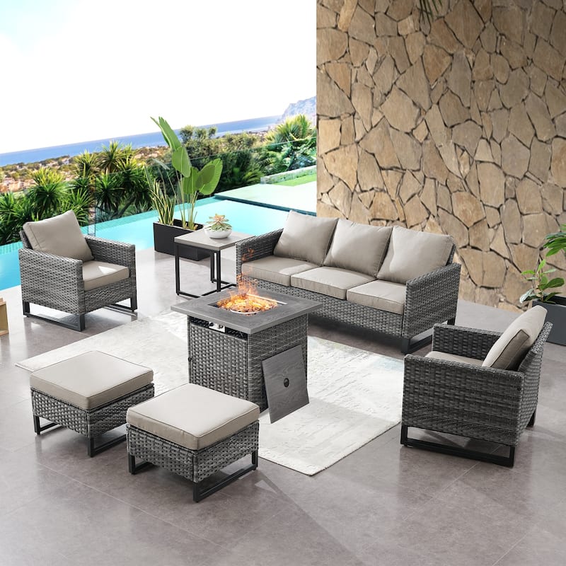 Gymojoy Patio Sofa Chair Set with Propane Fire Pit Table - Beige - Grey