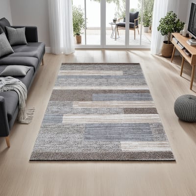 Beny 5 x 7 Medium Area Rug, Abstract Stripe Pattern, Gray, Brown, Cream - 5 x 7