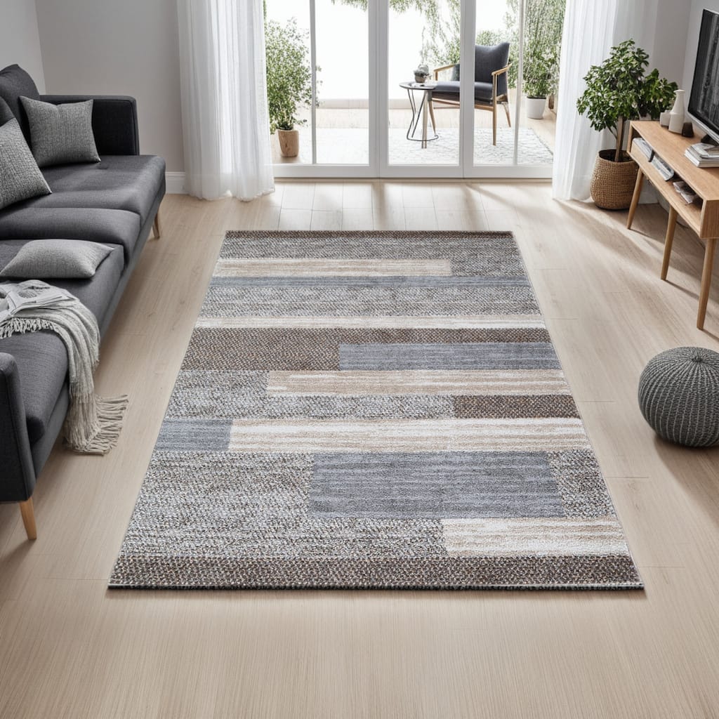 Beny 5 x 7 Medium Area Rug, Abstract Stripe Pattern, Gray, Brown, Cream - 5 x 7
