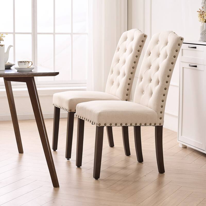 Fabric Upholstered Tufted High Back Dining Chairs with Nailhead Trim