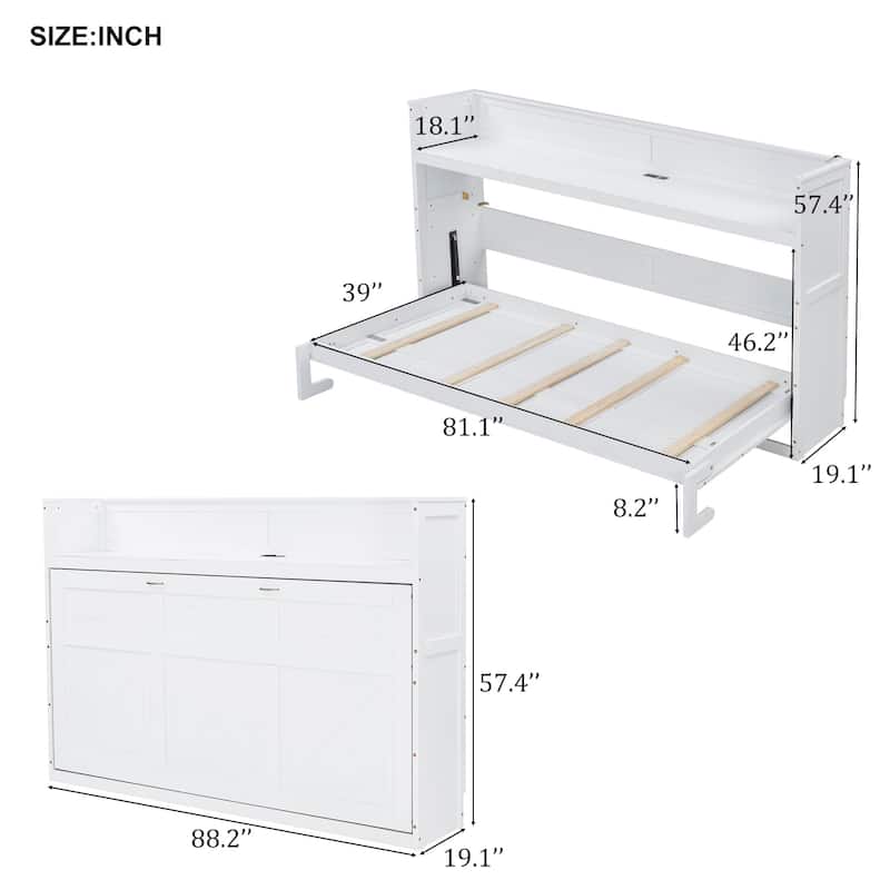 Twin XL Size Murphy Bed with Desk, LED Light and USB Charging Station