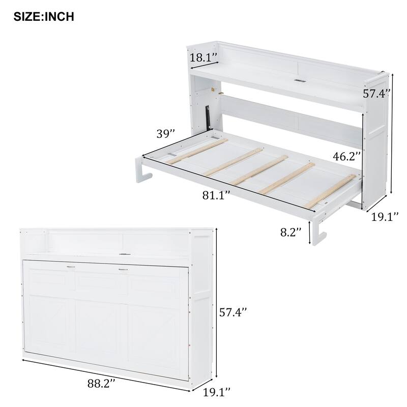 Twin XL Size Solid Wood Murphy Bed with Desk, LED Light and USB Charging Station, Hidden Convertible Folding WallBed for Bedroom