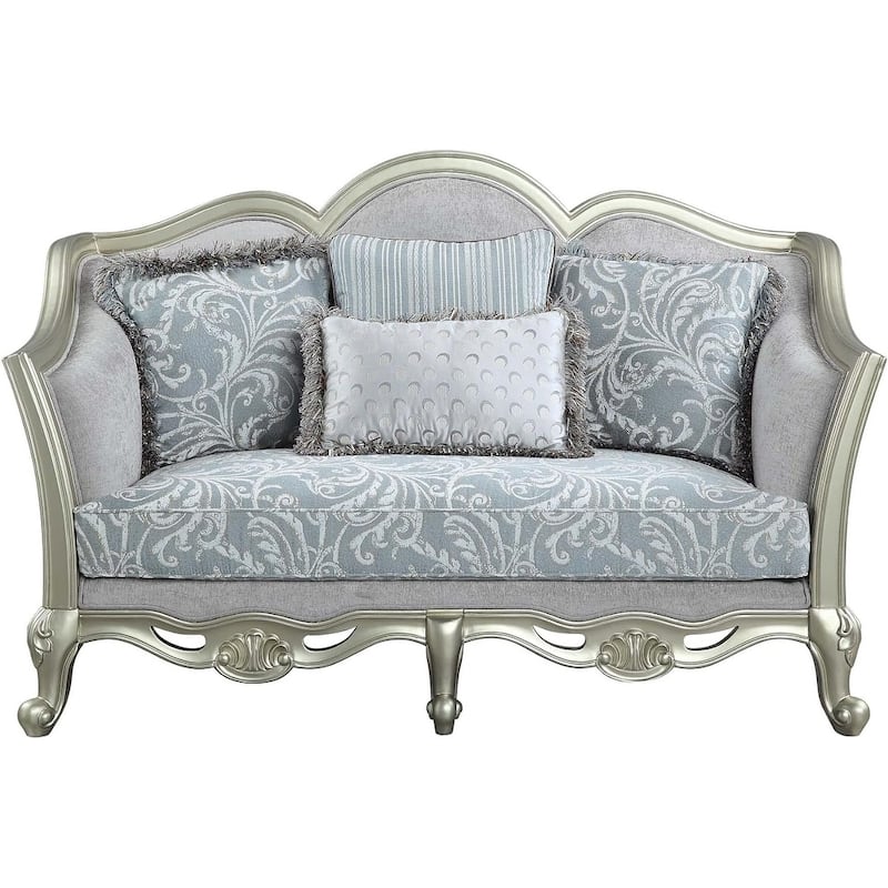 HomeRoots 66" Light Gray And Champagne Linen Damask Loveseat and Toss Pillows - 66.00 in. x 42.00 in. x 36.00 in.