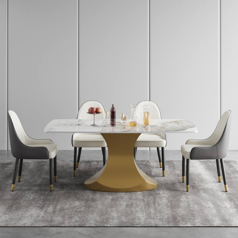 Dining Table for 6~8 Person, Faux Marble Kitchen Dining Table with Gold Pedestal.