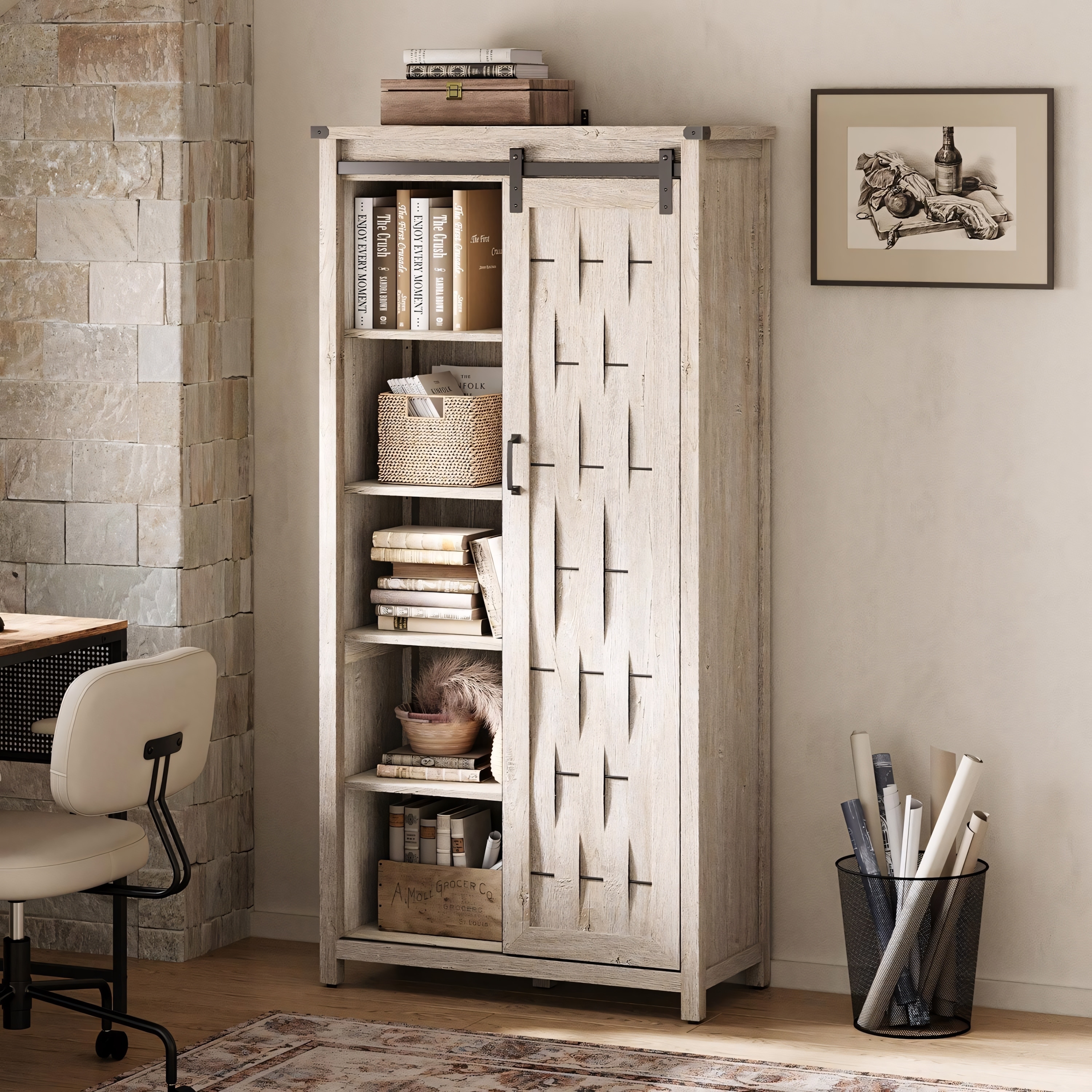 Farmhouse Bookcase with 6 Adjustable Shelves and Doors for Living Room or Home Office
