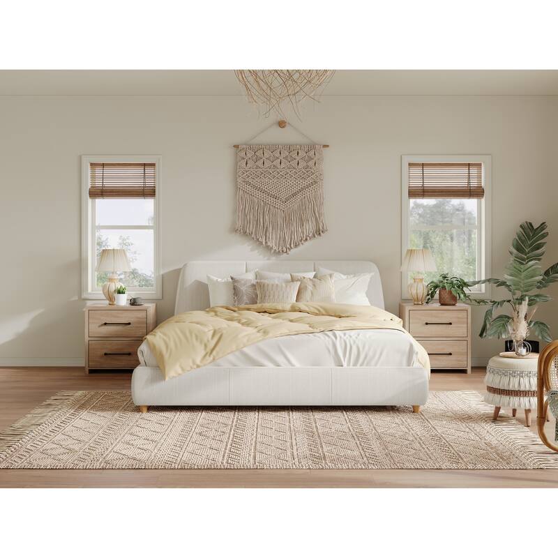 Queen Size Modern Upholstered Bed Frame with Linen Fabric and Solid Wood Legs, White