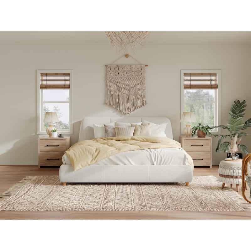 White Upholstered Bed Frame Low-Profile Platform Bed Linen Fabric Wingback Bed with Steamed Buns Headboard, Wood Slats Support