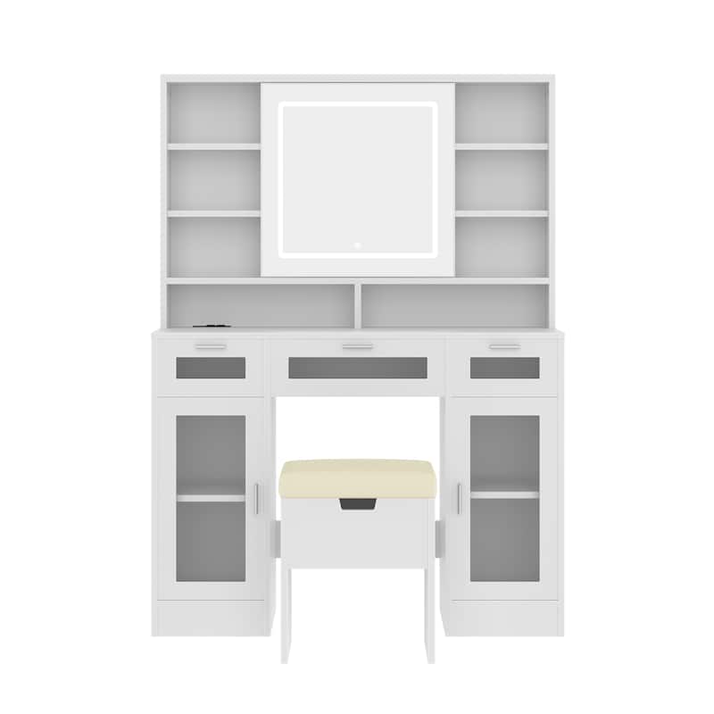 Roomfitters 41.3-Inch Makeup Vanity with Sliding Mirror and Lights, Dressing Table with 3 Drawers, White