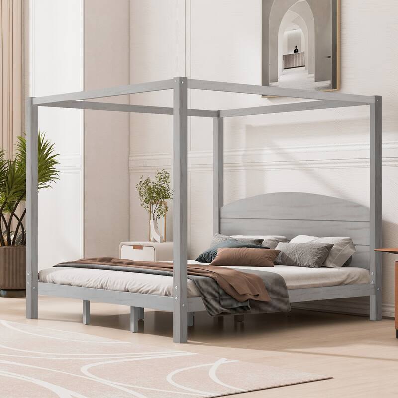Grey Wash King Size Canopy Platform Bed with Headboard and Support Legs - Grey