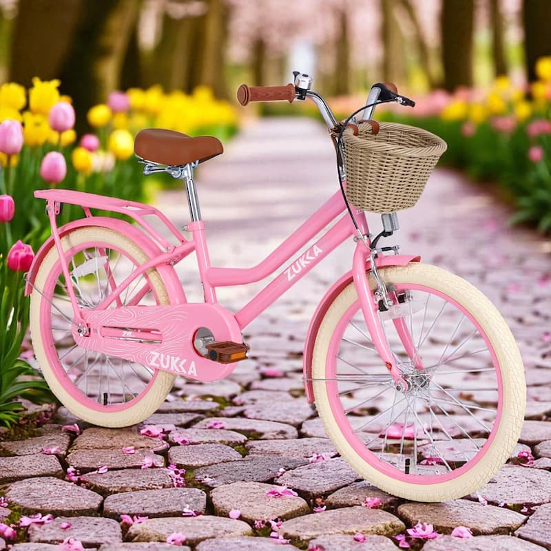 20 Inch Girls Bike with Basket, Single Speed Steel Frame, Front V-Brake & Rear Coaster Brake, Ages 7-10 - Light Pink