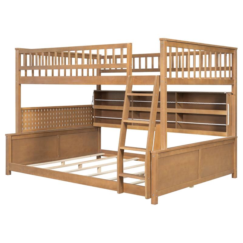 Full XL over Queen Bunk Bed with Integrated Shelving, Color-Changing Lights and Pegboard