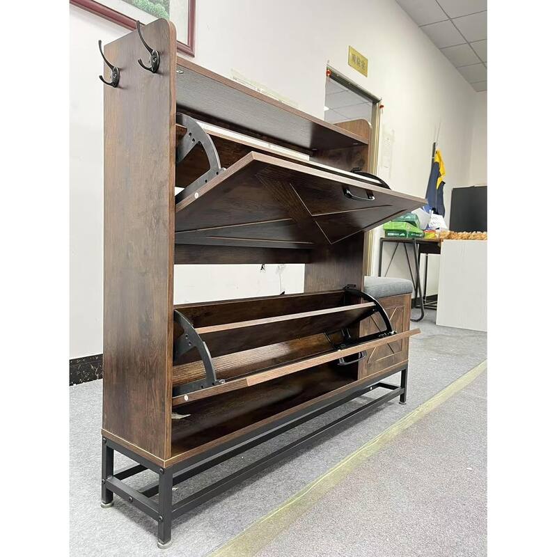 Shoe Cabinet with 2 Flip-Drawers & Storage Bench, Farmhouse Wood Freestanding Shoe Rack with 2 Hooks & Bottom Shelf - Brown