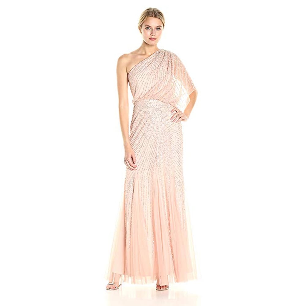 adrianna papell one shoulder beaded blouson gown