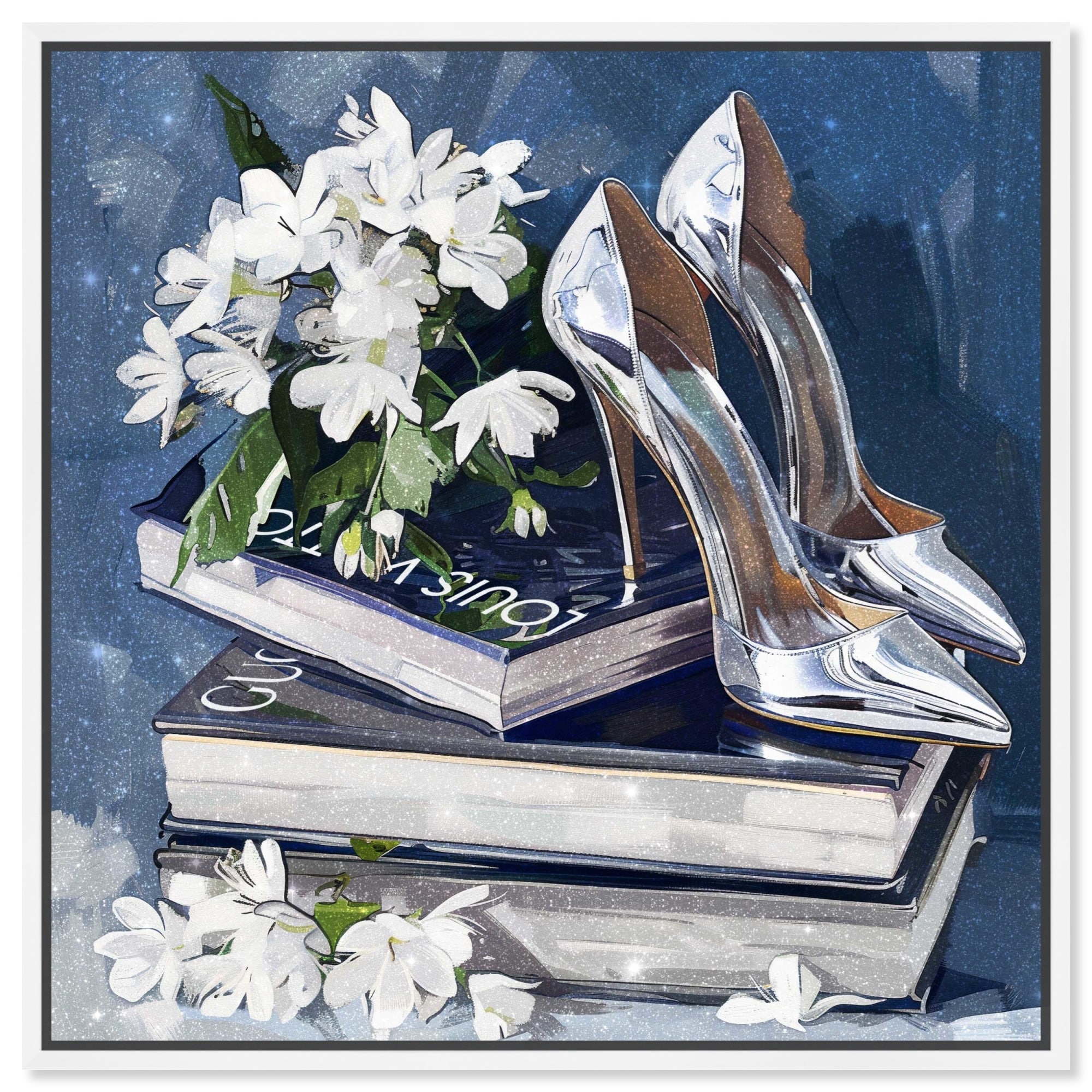 Blue Spring Books and Heels Canvas Floral Glam Art by Art Remedy